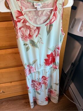 LuLaRoe Mint Floral Midi Dress with Pink and Red Blooms